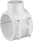 Image of Product. Female × Clamp On. Front orientation. Pipe and Fittings. Standard-Wall Plastic Pipe Fittings for Water, Saddle Tap Tees with Gasket, Cement Socket Female × Clamp On.