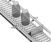 Image of ProductInUse. Front orientation. Contains MultipleImages. Conveyors. Modular Mini Chain Belt Conveyors, Package Stops.