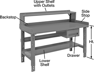 Image of System. Shown with Optional Accessories. Front orientation. Contains Annotated. Workbenches. Adjustable-Height Workbenches.