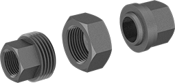 Image of System. Female (Hex). Front orientation. Exploded view. Pipe and Fittings. Low-Pressure Iron and Steel Threaded Pipe Fittings, Union Straight Connectors with Gasket, Threaded Fitting Connection, Female, Hex Body.