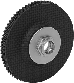 Image of Product. Back orientation. Long-Life Flat Flap Sanding Disc, with Threaded Arbor, for Smooth Finish, 4-1/2" Diameter, 120 Grit.