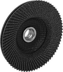 Image of Product. Front orientation. Long-Life Flat Flap Sanding Disc, with Threaded Arbor, for Smooth Finish, 4-1/2" Diameter, 120 Grit.