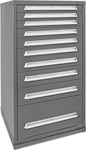 Image of Product. 10 Drawers with 12 1/2" Height Bottom Drawer. Front orientation. Cabinets. Heavy Duty Drawer Cabinets, Stationary, Painted Steel—Assembled, 10 Drawers, 12 1/2" Drawer Height - 6.