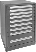 Image of Product. 9 Drawers. Front orientation. Cabinets. Heavy Duty Bench-Height Drawer Cabinets, Stationary, Painted Steel—Assembled, 9 Drawers.