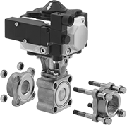 Image of Product. Exploded View. Front orientation. Exploded view. Air-Actuated On/Off Valves. Easy-Maintenance High-Flow Air-Driven On/Off Valves, Bracket Actuator Mount with DIN B Connection.