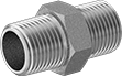 Image of Product. Male. Front orientation. Pipe and Fittings. Low-Pressure Stainless Steel Threaded Pipe Fittings, Straight Connectors, Threaded Fitting Connection, Male, Hex Body.