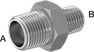 Image of Product. Male × Male. Front orientation. Contains Annotated. Pipe and Fittings. Low-Pressure Stainless Steel Threaded Pipe Fittings, Straight Reducers, Threaded Fitting Connection, Male, Hex Body.