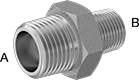 Image of Product. Male × Male. Front orientation. Contains Annotated. Pipe and Fittings. Low-Pressure Stainless Steel Threaded Pipe Fittings, Straight Reducing Adapters, Threaded Fitting Connection, Male, Hex Body.
