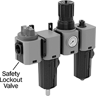 Image of System. Shown Installed. Front orientation. Contains Annotated. Safety Lockout Valves. Safety Lockout Valves for Norgren Modular Compressed Air Filter/Regulator/Lubricators (FRLs).