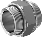 Image of Product. Front. Front orientation. Contains Annotated. Pipe and Fittings. High-Pressure Stainless Steel Threaded Pipe Fittings, Straight Connectors with Gasket, Male, Threaded Fitting Connection, Hex Body.