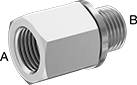 Image of Product. Female x Male. Front orientation. Contains Annotated. Pipe and Fittings. High-Pressure Stainless Steel Threaded Pipe Fittings, Straight Adapters with Gasket, Male, Threaded Fitting Connection, Female, Hex Body.