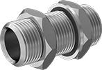 Image of Product. Male. Back orientation. Pipe and Fittings. High-Pressure Stainless Steel Threaded Pipe Fittings, Through-Wall Straight Connectors with Gasket, Male, Threaded Fitting Connection, Hex Body.