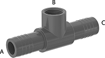Image of Product. Male x Female x Male. Front orientation. Contains Annotated. Pipe and Fittings. Plastic Barbed Pipe Fittings for Water, Inline Tee Reducing Adapters, Threaded Fitting Connection, Clamp-on-Barbed Fitting Connection, Female, Male.