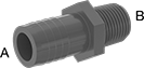 Image of Product. Male × Male. Front orientation. Contains Annotated. Pipe and Fittings. Plastic Barbed Pipe Fittings for Water, Straight Reducing Adapters, Threaded Fitting Connection, Clamp-on-Barbed Fitting Connection, Male.