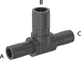 Image of Product. Clamp-On Barbed Male. Front orientation. Contains Annotated. Pipe and Fittings. Plastic Barbed Pipe Fittings for Water, Inline Tee Reducers, Clamp-On Barbed Male × Clamp-On Barbed Male × Clamp-On Barbed Male.