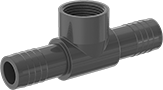 Image of Product. Male × Female × Male. Front orientation. Pipe and Fittings. Plastic Barbed Pipe Fittings for Water, Inline Tee Adapters, Threaded Fitting Connection, Clamp-on-Barbed Fitting Connection, Female, Male.