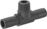 Image of Product. Male × Male × Male. Front orientation. Pipe and Fittings. Plastic Barbed Pipe Fittings for Water, Inline Tee Adapters, Threaded Fitting Connection, Clamp-on-Barbed Fitting Connection, Male.