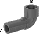 Image of Product. Male × Female. Front orientation. Contains Annotated. Pipe and Fittings. Plastic Barbed Pipe Fittings for Water, 90° Elbow Reducing Adapters, Clamp-on-Barbed Fitting Connection, Female, Threaded Fitting Connection, Male.