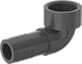 Image of Product. Male × Female. Front orientation. Pipe and Fittings. Plastic Barbed Pipe Fittings for Water, 90° Elbow Adapters, Clamp-on-Barbed Fitting Connection, Female, Threaded Fitting Connection, Male.