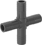 Image of Product. Front orientation. Pipe and Fittings. Plastic Barbed Pipe Fittings for Water, Cross Connectors, Clamp-On Barbed Male.