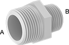 Image of Product. NPT Male. Front orientation. Contains Annotated. Pipe and Fittings. Plastic Pipe Fittings for Gasoline, Straight Reducers, Male, Threaded Fitting Connection, Hex Body.