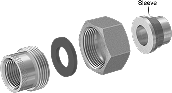 Image of System. NPT Female × Socket Connect Female (Exploded View). Front orientation. Exploded view. Contains Annotated. Pipe and Fittings. Low-Pressure Threaded Pipe Fittings for Joining Dissimilar Metals, Union Straight Adapters with Gasket, Socket-Connect Fitting Connection, Solder-Socket Fitting Connection, Female, Threaded Fitting Connection, Hex Body.