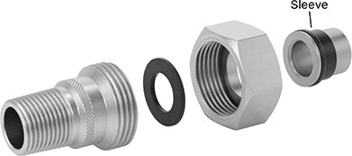 Image of System. NPT Male x Socket Connect Female (Exploded View). Front orientation. Exploded view. Contains Annotated. Pipe and Fittings. Low-Pressure Threaded Pipe Fittings for Joining Dissimilar Metals, Union Straight Adapters with Gasket, Threaded Fitting Connection, Male, Female, Socket-Connect Fitting Connection, Solder-Socket Fitting Connection, Hex Body.