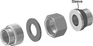 Image of System. Exploded View. Front orientation. Exploded view. Contains Annotated. Pipe and Fittings. Low-Pressure Threaded Pipe Fittings for Joining Dissimilar Metals, Union Straight Connectors with Gasket, Female, Threaded Fitting Connection, Hex Body.
