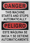 Image of Product. Front orientation. Signs. Machine and Equipment Operation Signs, Danger—This Machine Starts and Stops Automatically/Peligro—Este Máquina se Inicia Y se Detiene Automáticamente (English/Spanish).