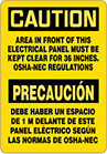 Image of Product. Front orientation. Signs. Electrical Hazard Signs, Caution—Area in Front of This Electrical Panel Must Be Kept Clear for 36 Inches. OSHA-NEC Regulations/Precaucion—Debe Haber Un Espacio De 1 M Delante De Este Panel Electrico Segun Las Normas De OSHA-NEC (English/Spanish).