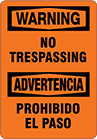 Image of Product. Front orientation. Signs. Restricted Area Signs, Warning—No Trespassing/Advertencia—Prohibido El Paso (English/Spanish).