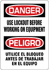 Image of Product. Front orientation. Signs. Lockout Signs, Danger—Use Lockout Before Working on Equipment/Peligro—Utilice el bloqueo antes de trabajar en el equipo (English/Spanish).