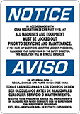 Image of Product. Front orientation. Signs. Lockout Signs, Notice—All Machines and Equipment Must Be Locked Out Prior to Servicing and Maintenance/Aviso—Todas las máquinas y los equipos deben ser bloqueados antes de realizarles cualquier servicio o mantenimiento (English/Spanish).
