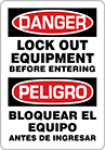 Image of Product. Front orientation. Signs. Lockout Signs, Danger—Lock Out Equipment Before Entering/Peligro—Bloquear el equipo antes de ingresar (English/Spanish).