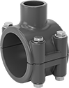 Image of Product. Front orientation. Pipe and Fittings. Thick-Wall Plastic Pipe Fittings for Water, Saddle Tap Tees with Gasket, Cement Socket Female × Clamp On.