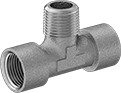 Image of Product. Female x Male x Female. Front orientation. Pipe and Fittings. High-Pressure Brass and Bronze Threaded Pipe Fittings, Inline Tee Adapters, Male, Female, Threaded Fitting Connection, Square Body.