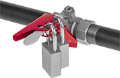 Image of ProductInUse. Style D (Padlocks Not Included). Front orientation. Lockouts. Valve Handle Lockouts, Style D.