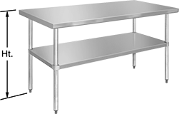 Image of Product. Front orientation. Contains Annotated. Tables. Stainless Steel Tables with Shelves, Style A, Stationary, Galvanized Steel Shelf.
