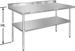 Image of Product. Front orientation. Contains Annotated. Tables. Stainless Steel Tables with Shelves, Style C, Stationary, Galvanized Steel Shelf.