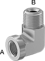Image of Product. Female x Male. Front orientation. Contains Annotated. Pipe and Fittings. Precision Extreme-Pressure Stainless Steel Threaded Pipe Fittings, 90° Elbow Reducing Adapters, Male, Female, Threaded Fitting Connection.