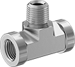 Image of Product. Female x Male x Female. Front orientation. Pipe and Fittings. Precision Extreme-Pressure Stainless Steel Threaded Pipe Fittings, Inline Tee Adapters, Male, Threaded Fitting Connection, Female.