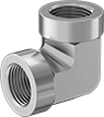 Image of Product. Female. Front orientation. Pipe and Fittings. Precision Extreme-Pressure Stainless Steel Threaded Pipe Fittings, 90° Elbow Connectors, Threaded Fitting Connection, Female.