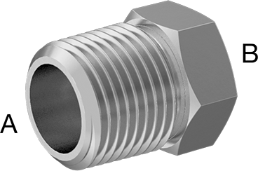 Image of Product. Male x Female. Front orientation. Contains Annotated. Precision Extreme-Pressure 316 Stainless Steel Fitting, Bushing Reducing Adapter, 1/2 Male x 3/8 Female NPT.