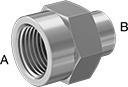 Image of Product. Female x Female. Front orientation. Contains Annotated. Pipe and Fittings. Precision Extreme-Pressure Stainless Steel Threaded Pipe Fittings, Straight Reducers, Threaded Fitting Connection, Female, Hex Body.