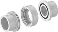 Image of Product. Front orientation. Exploded view. Pipe and Fittings. Standard-Wall Plastic Pipe Fittings for Water, Union Straight Connectors, Cement Socket Female.