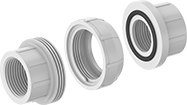Image of Product. Front orientation. Exploded view. Pipe and Fittings. Standard-Wall Plastic Pipe Fittings for Water, Union Straight Connectors, Threaded Fitting Connection, Female.
