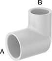 Image of Product. Female × Female. Front orientation. Contains Annotated. Pipe and Fittings. Standard-Wall Plastic Pipe Fittings for Water, 90° Elbow Reducers, Cement Socket Female × Cement Socket Female.