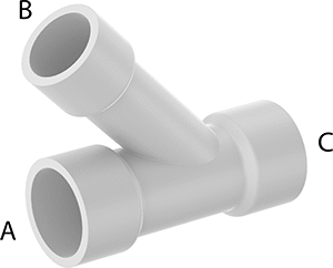 Image of Product. Female. Front orientation. Contains Annotated. Standard-Wall PVC Pipe Fitting for Water, Wye Reducer, 1-1/2 Size Socket Female x 1-1/4 Size Socket Female.