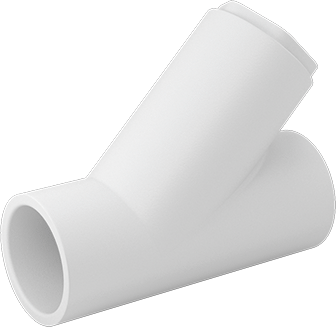 Image of Product. Front orientation. Standard-Wall PVC Pipe Fitting for Water, Wye Reducer, 1-1/2 Size Socket Female x 1-1/4 Size Socket Female.