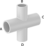 Image of Product. Female. Front orientation. Contains Annotated. Pipe and Fittings. Standard-Wall Plastic Pipe Fittings for Water, Cross Reducers, Cement Socket Female × Cement Socket Female × Cement Socket Female × Cement Socket Female.